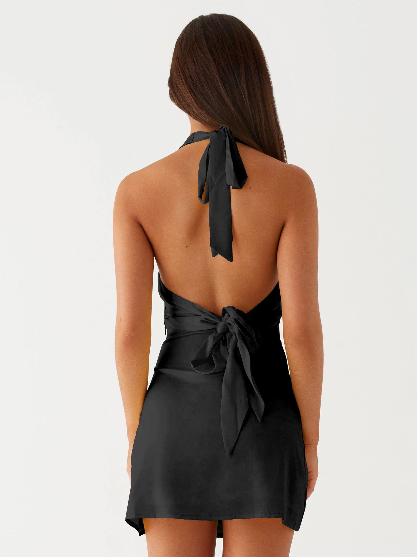 Satin Solid Color Tie V-Neck Pleated Sexy Neckline Backless Dresses