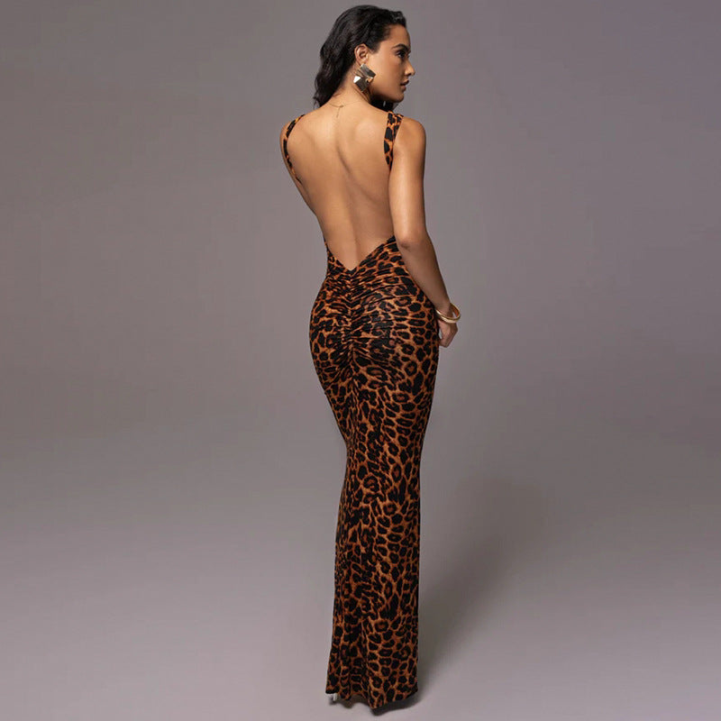 Sexy Backless Sleeveless Leopard Printed Dresses Party Party Dresses Women